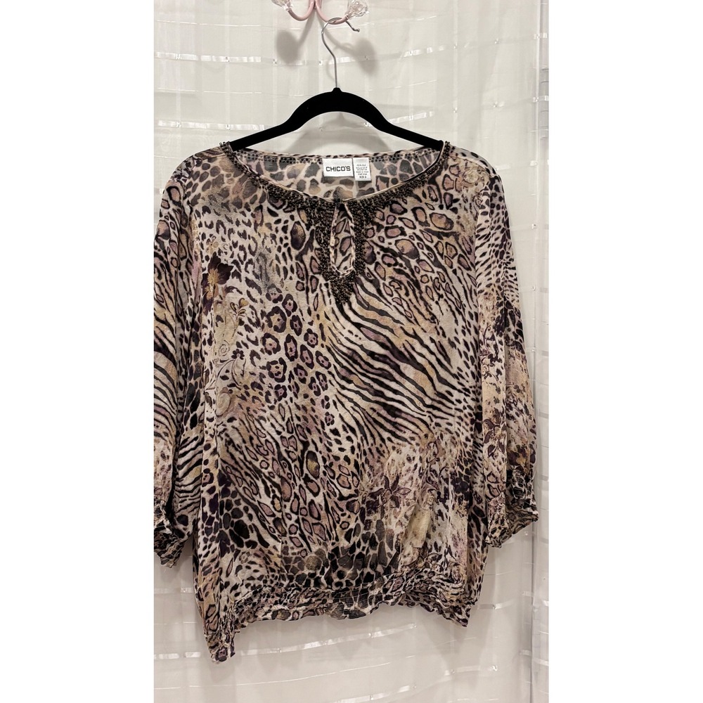 Chicos Silk Animal Print Beaded Neckline Blouse Leopard Zebra Size 2 Large